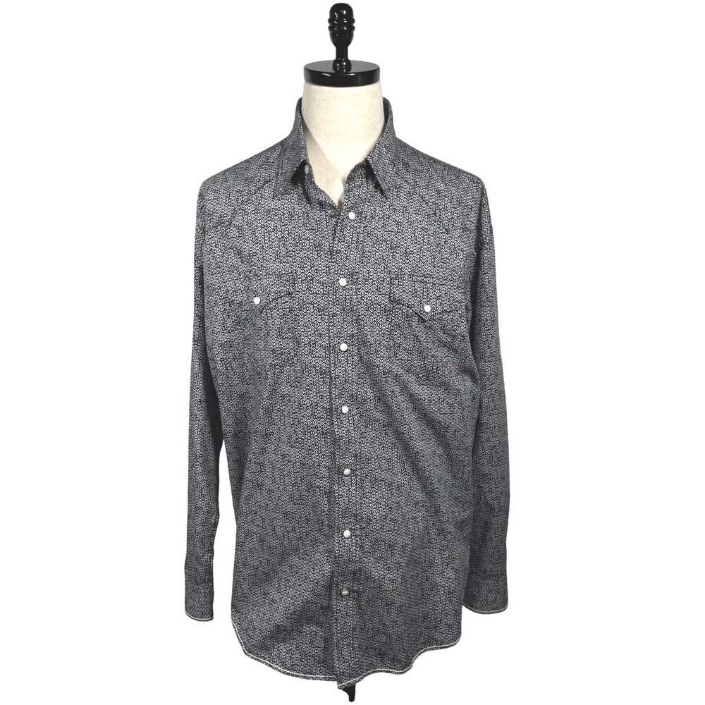 Panhandle Rough Stock Mens XL Black White Geometric Pearl Snap Western Shirt